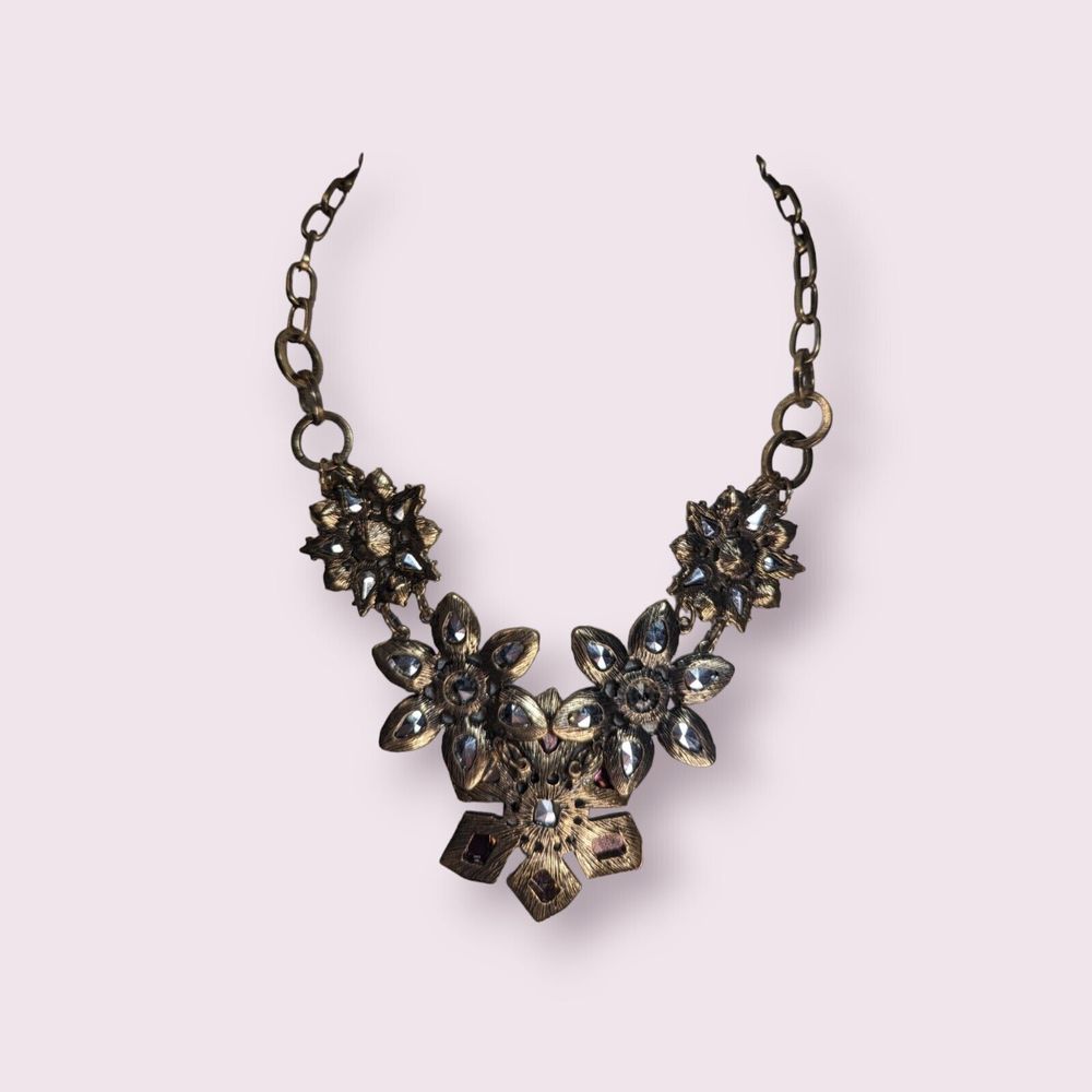 MULTICOLOR ACRYLIC STONES GOLDEN FLOWER LINKS RENAISSANCE STYLE CHOKER NECKLACE - Picture 2 of 10
